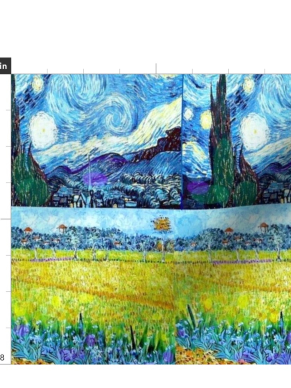 Van Gogh- Collage of Wheat Fields and Starry Night- Fabric Swatch on Cotton